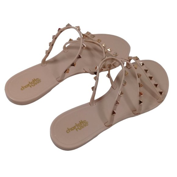 Charlotte Women's NEW Shine Beige Gold Studded Jelly Slip-On Flat Strap Sandal 9 - Picture 8 of 11